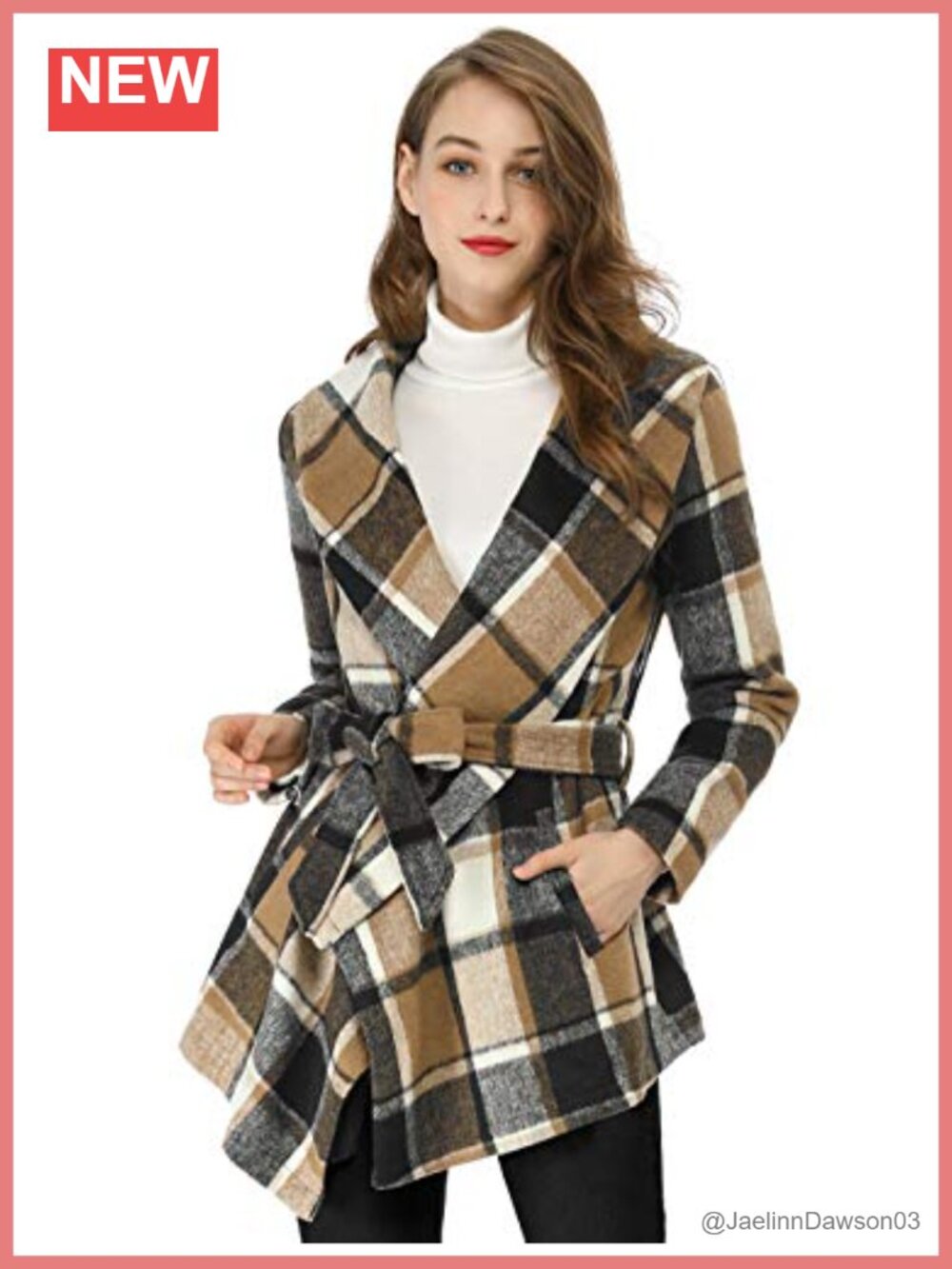 Women's Plaid Wrap Coat Turn Down Collar Asymmetric Hem Lightweight